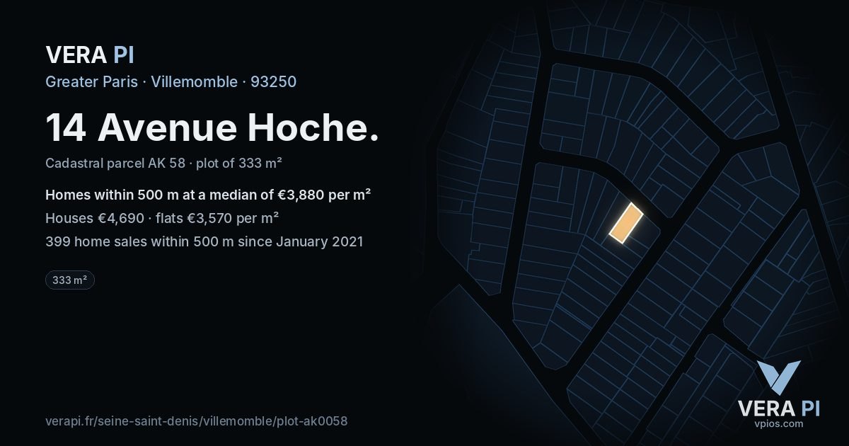 14 Avenue Hoche, Villemomble at night – the plot lit, the parcels around coloured by the prices near them