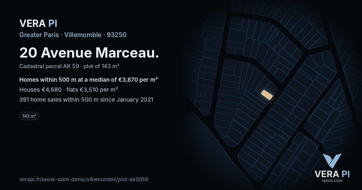 20 Avenue Marceau, Villemomble at night – the plot lit, the parcels around coloured by the prices near them