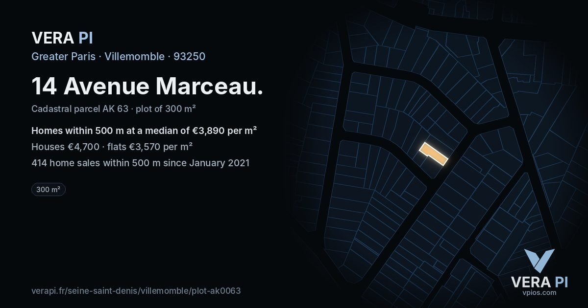 14 Avenue Marceau, Villemomble at night – the plot lit, the parcels around coloured by the prices near them