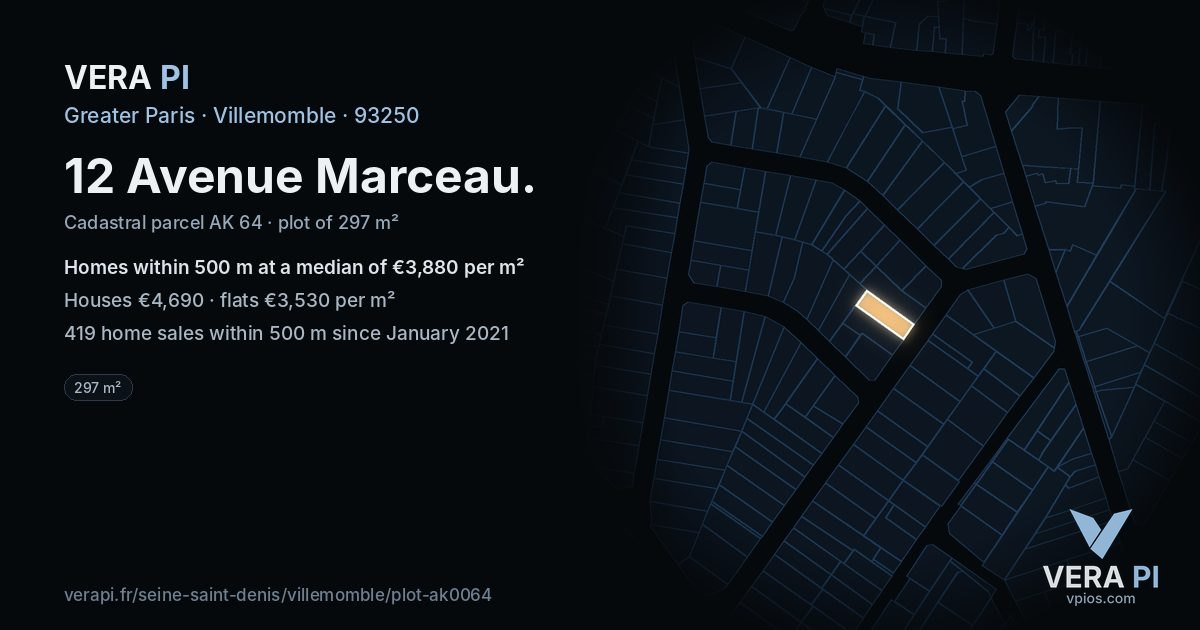 12 Avenue Marceau, Villemomble at night – the plot lit, the parcels around coloured by the prices near them