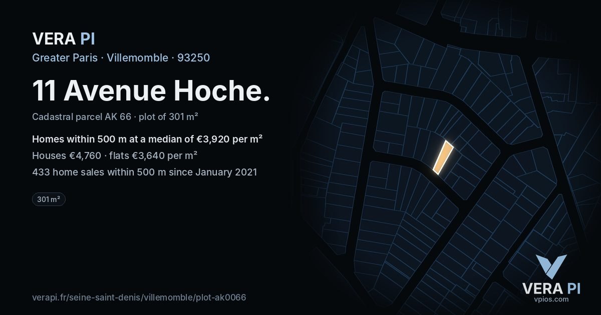 11 Avenue Hoche, Villemomble at night – the plot lit, the parcels around coloured by the prices near them