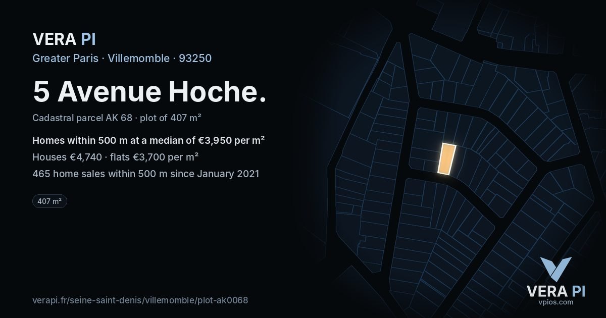 5 Avenue Hoche, Villemomble at night – the plot lit, the parcels around coloured by the prices near them