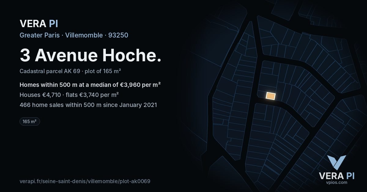 3 Avenue Hoche, Villemomble at night – the plot lit, the parcels around coloured by the prices near them