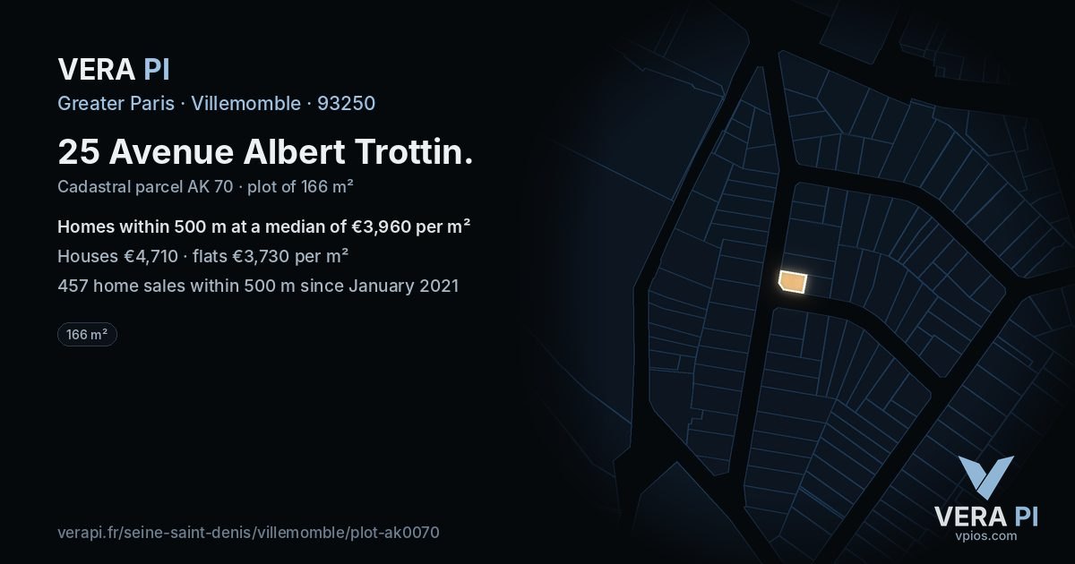 25 Avenue Albert Trottin, Villemomble at night – the plot lit, the parcels around coloured by the prices near them