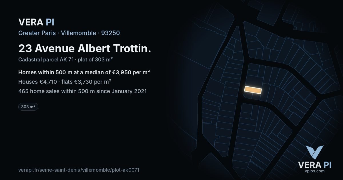 23 Avenue Albert Trottin, Villemomble at night – the plot lit, the parcels around coloured by the prices near them