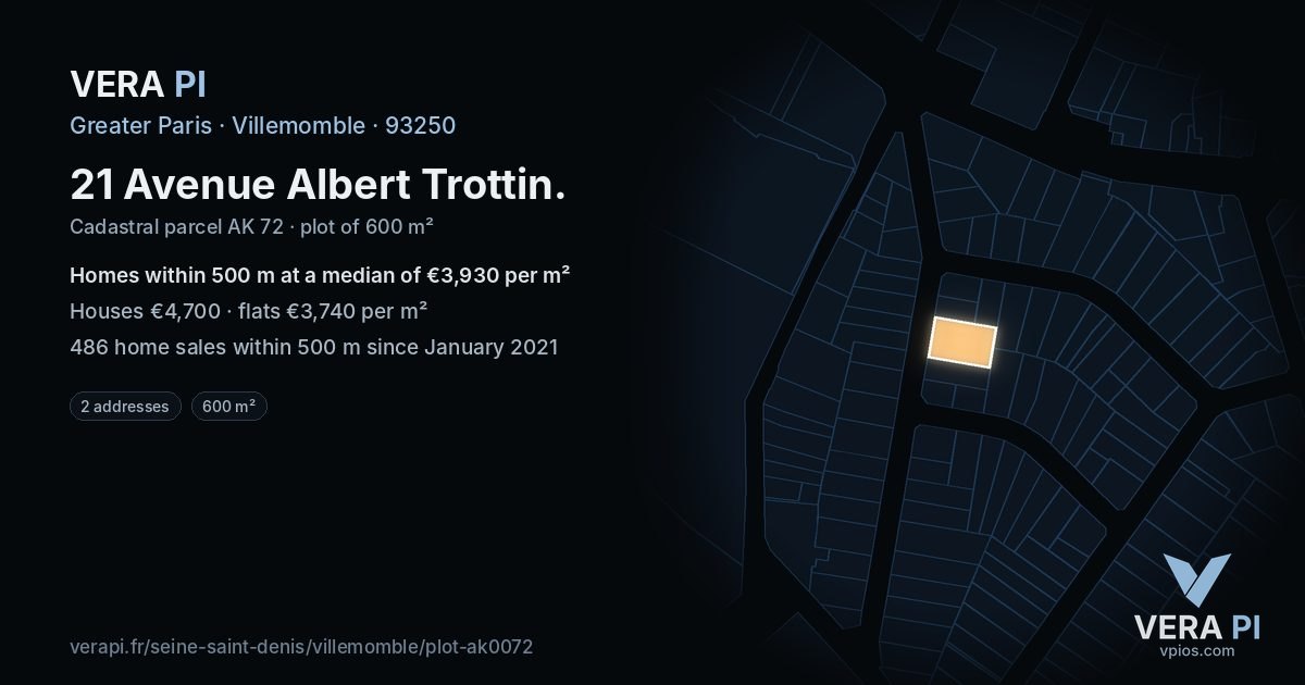 21 Avenue Albert Trottin, Villemomble at night – the plot lit, the parcels around coloured by the prices near them