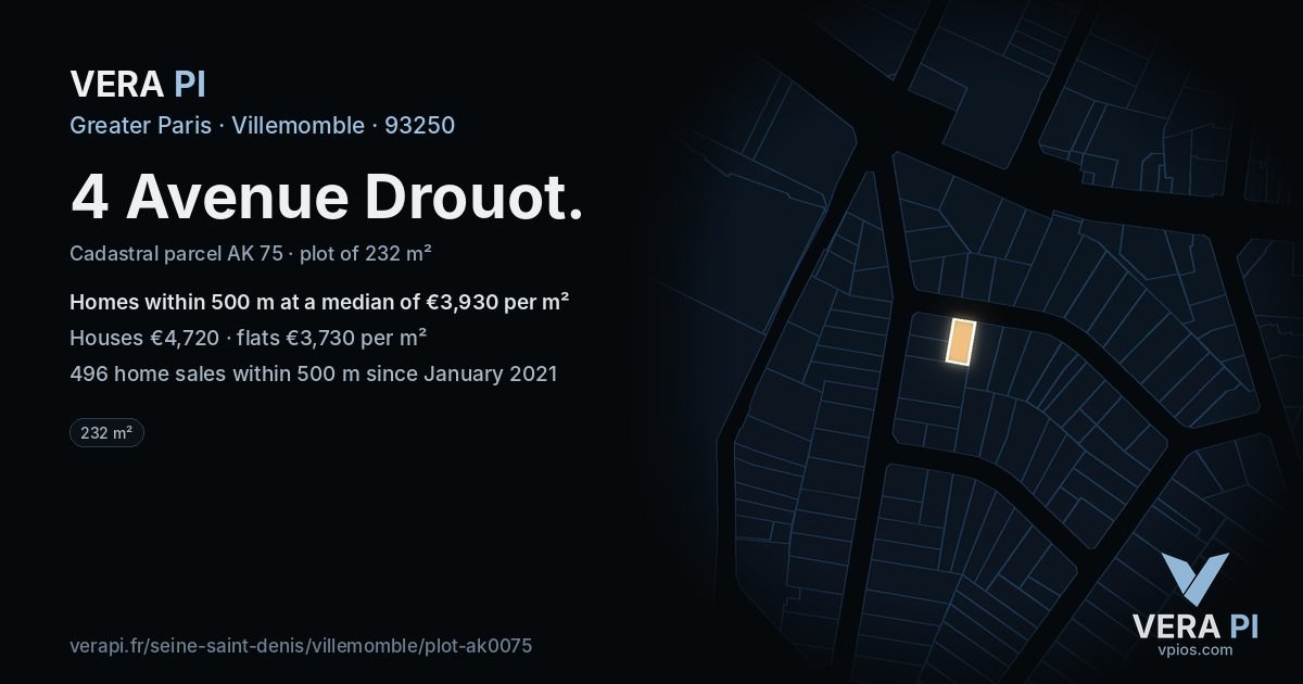 4 Avenue Drouot, Villemomble at night – the plot lit, the parcels around coloured by the prices near them