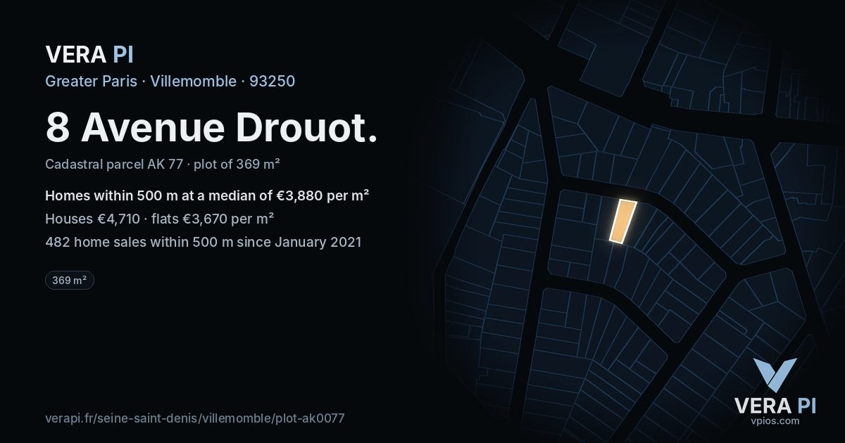 8 Avenue Drouot, Villemomble at night – the plot lit, the parcels around coloured by the prices near them