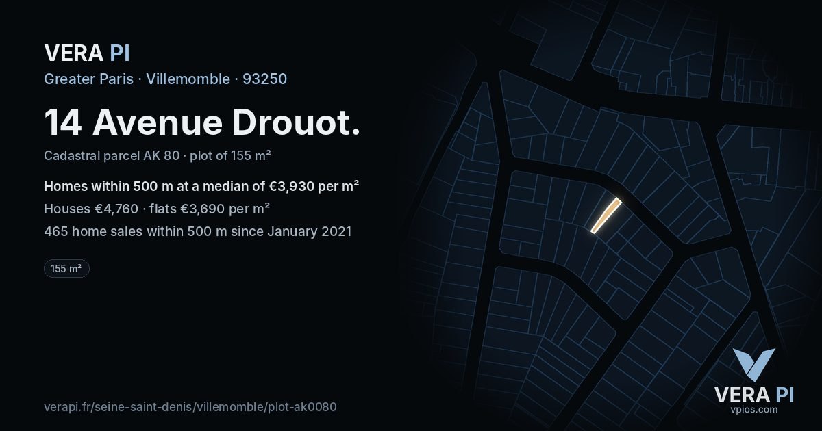 14 Avenue Drouot, Villemomble at night – the plot lit, the parcels around coloured by the prices near them