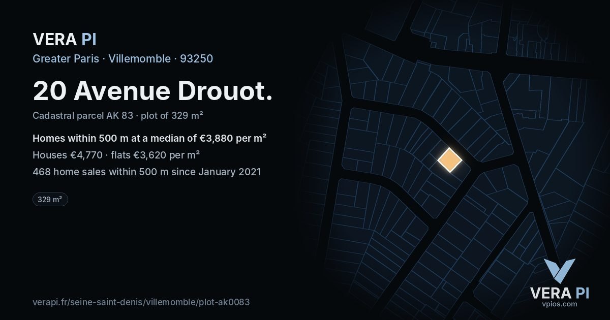 20 Avenue Drouot, Villemomble at night – the plot lit, the parcels around coloured by the prices near them