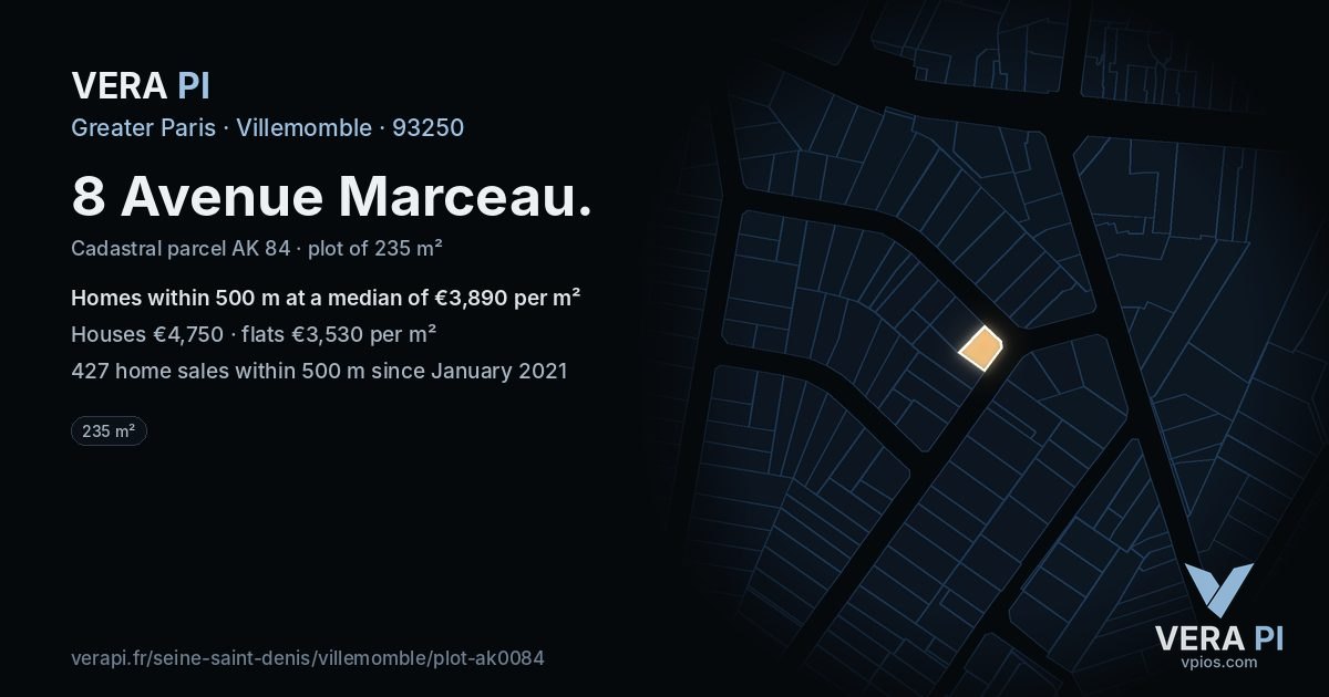 8 Avenue Marceau, Villemomble at night – the plot lit, the parcels around coloured by the prices near them