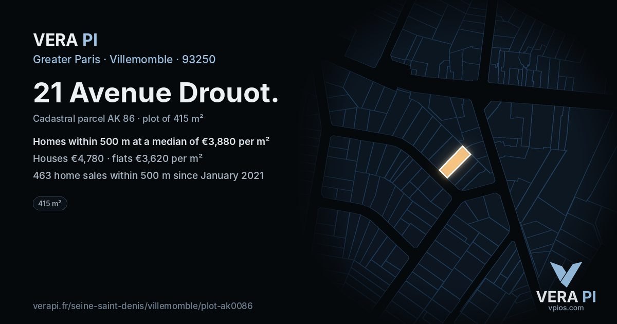 21 Avenue Drouot, Villemomble at night – the plot lit, the parcels around coloured by the prices near them