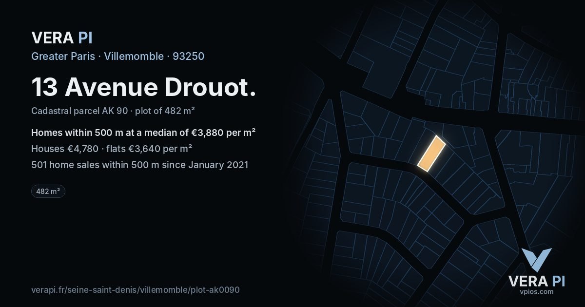 13 Avenue Drouot, Villemomble at night – the plot lit, the parcels around coloured by the prices near them