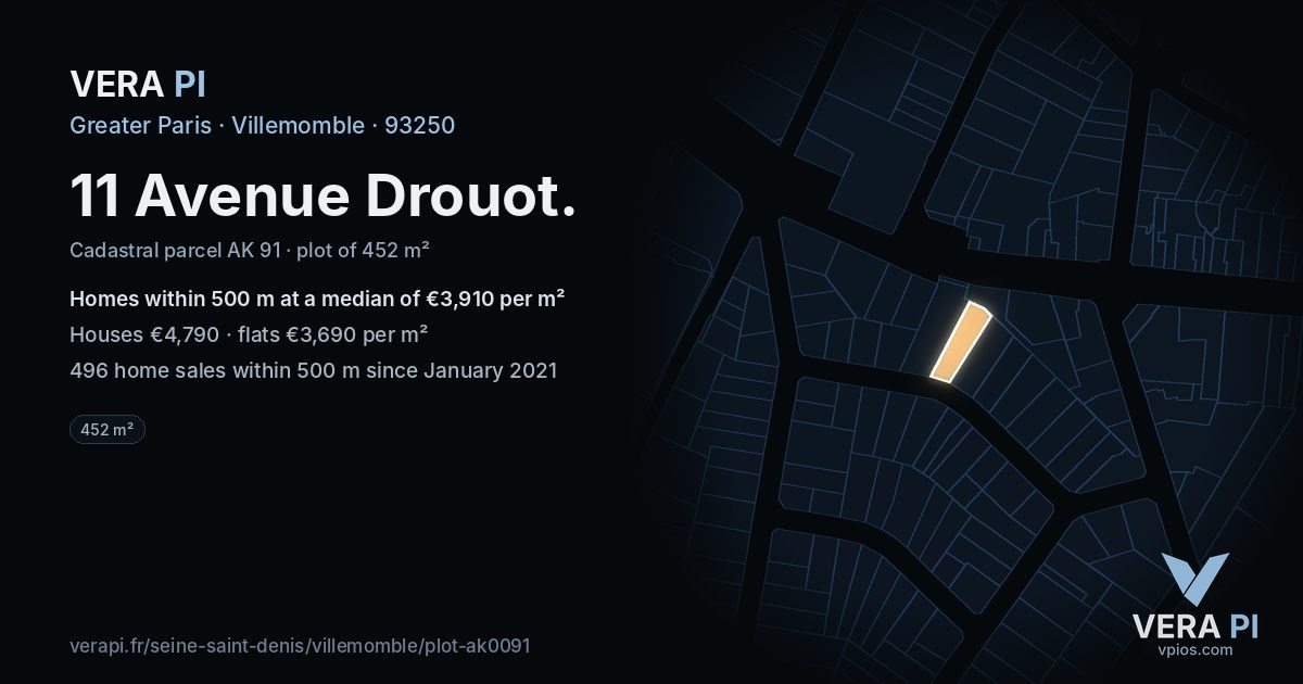 11 Avenue Drouot, Villemomble at night – the plot lit, the parcels around coloured by the prices near them