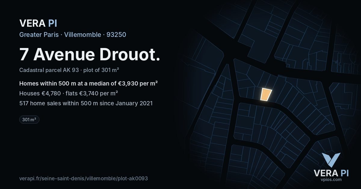 7 Avenue Drouot, Villemomble at night – the plot lit, the parcels around coloured by the prices near them