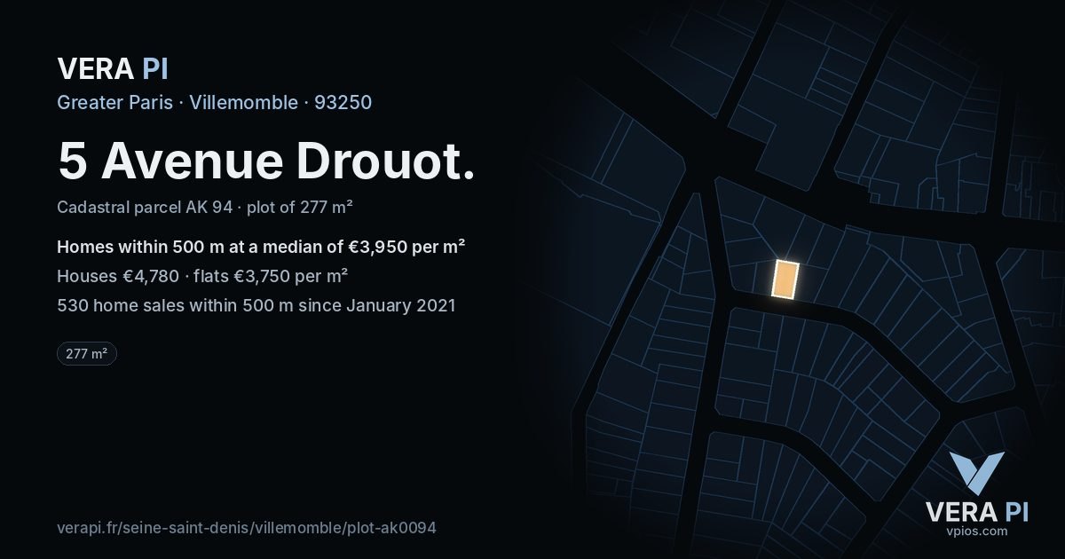 5 Avenue Drouot, Villemomble at night – the plot lit, the parcels around coloured by the prices near them