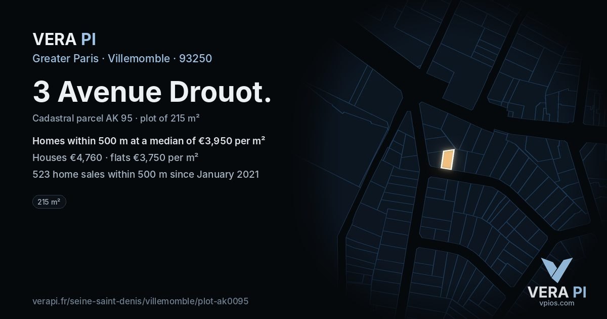 3 Avenue Drouot, Villemomble at night – the plot lit, the parcels around coloured by the prices near them