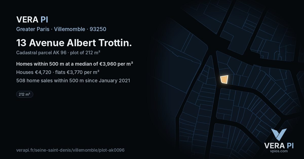 13 Avenue Albert Trottin, Villemomble at night – the plot lit, the parcels around coloured by the prices near them