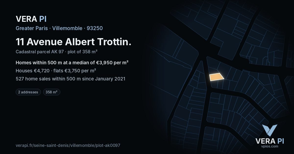 11 Avenue Albert Trottin, Villemomble at night – the plot lit, the parcels around coloured by the prices near them