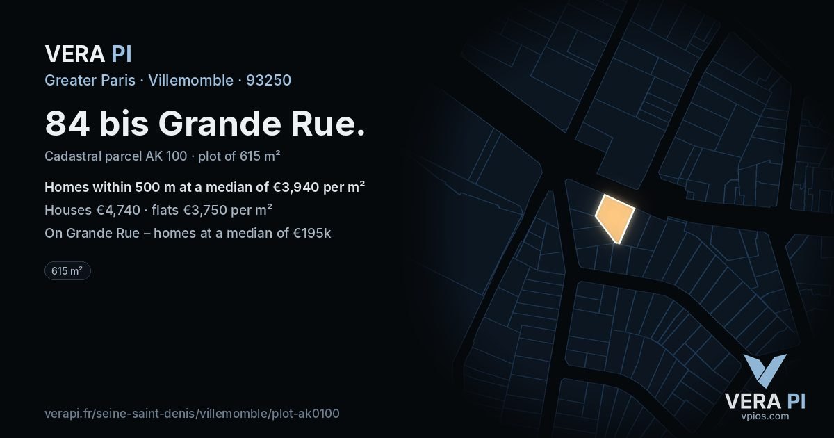 84 bis Grande Rue, Villemomble at night – the plot lit, the parcels around coloured by the prices near them