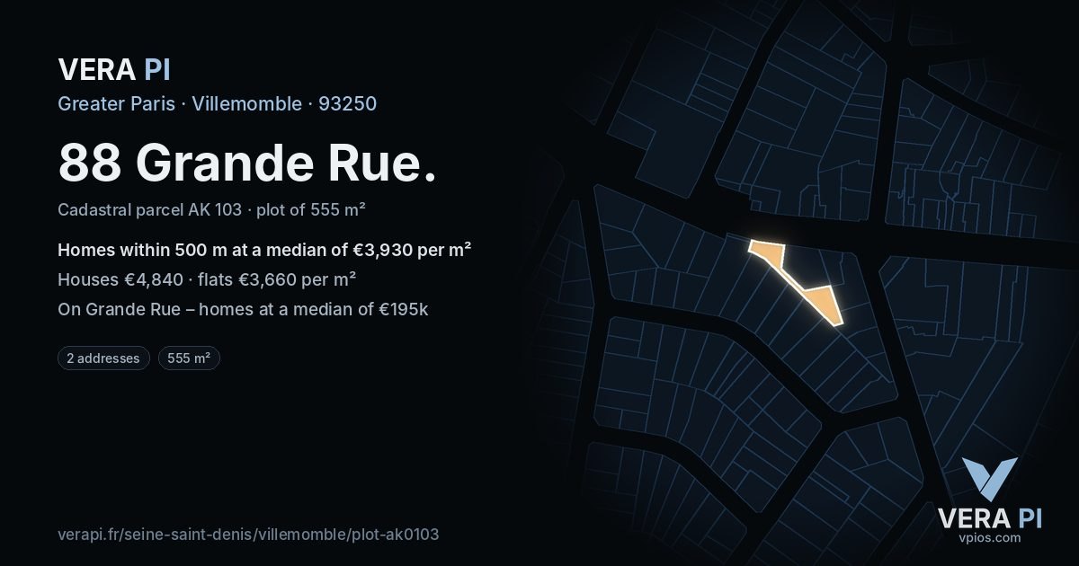 88 Grande Rue, Villemomble at night – the plot lit, the parcels around coloured by the prices near them