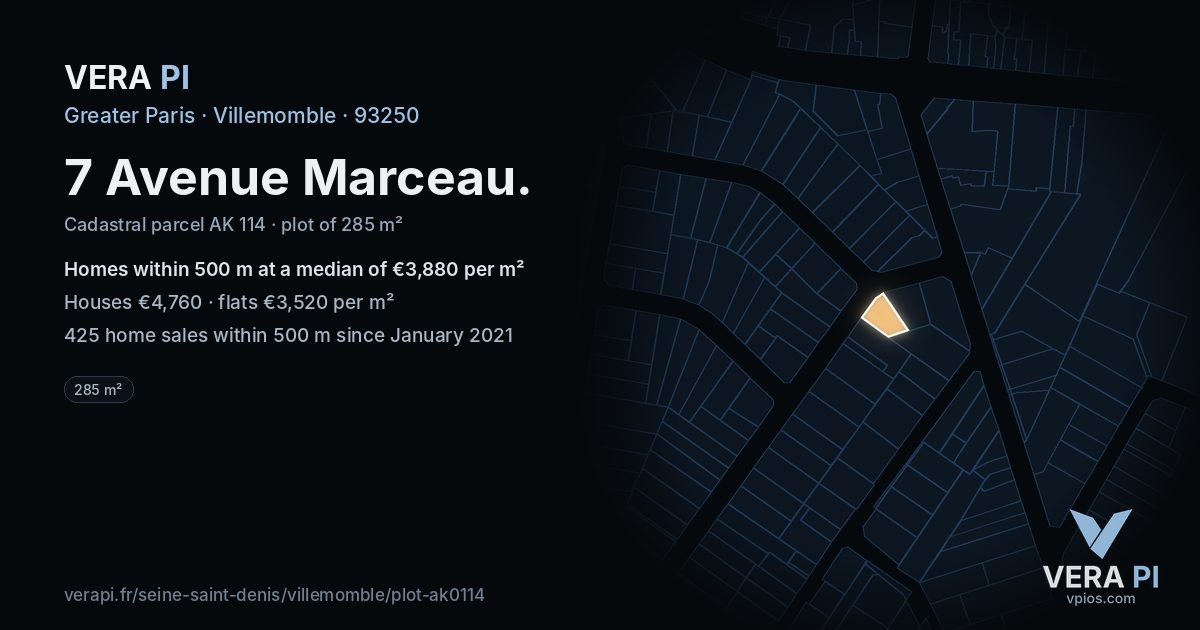 7 Avenue Marceau, Villemomble at night – the plot lit, the parcels around coloured by the prices near them