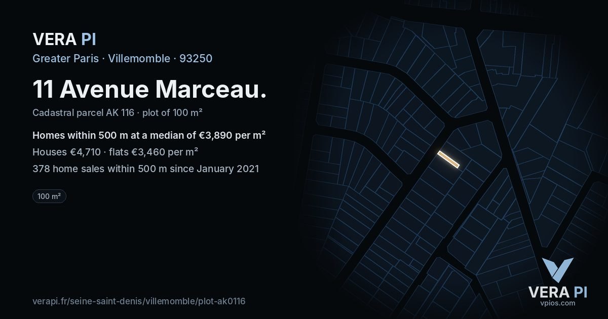 11 Avenue Marceau, Villemomble at night – the plot lit, the parcels around coloured by the prices near them