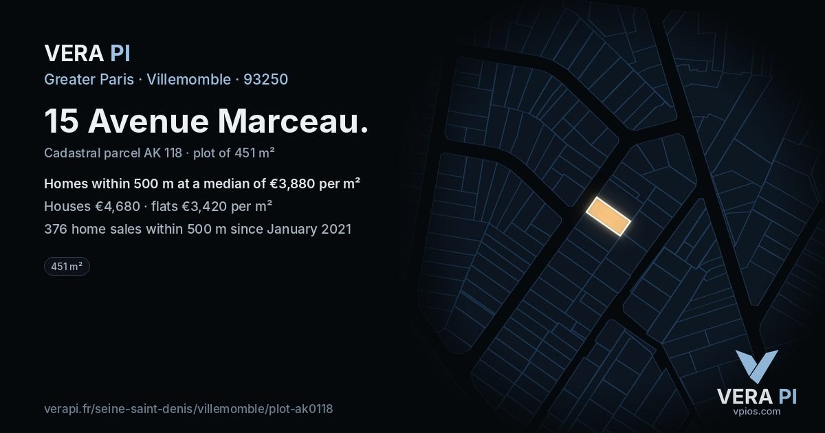 15 Avenue Marceau, Villemomble at night – the plot lit, the parcels around coloured by the prices near them