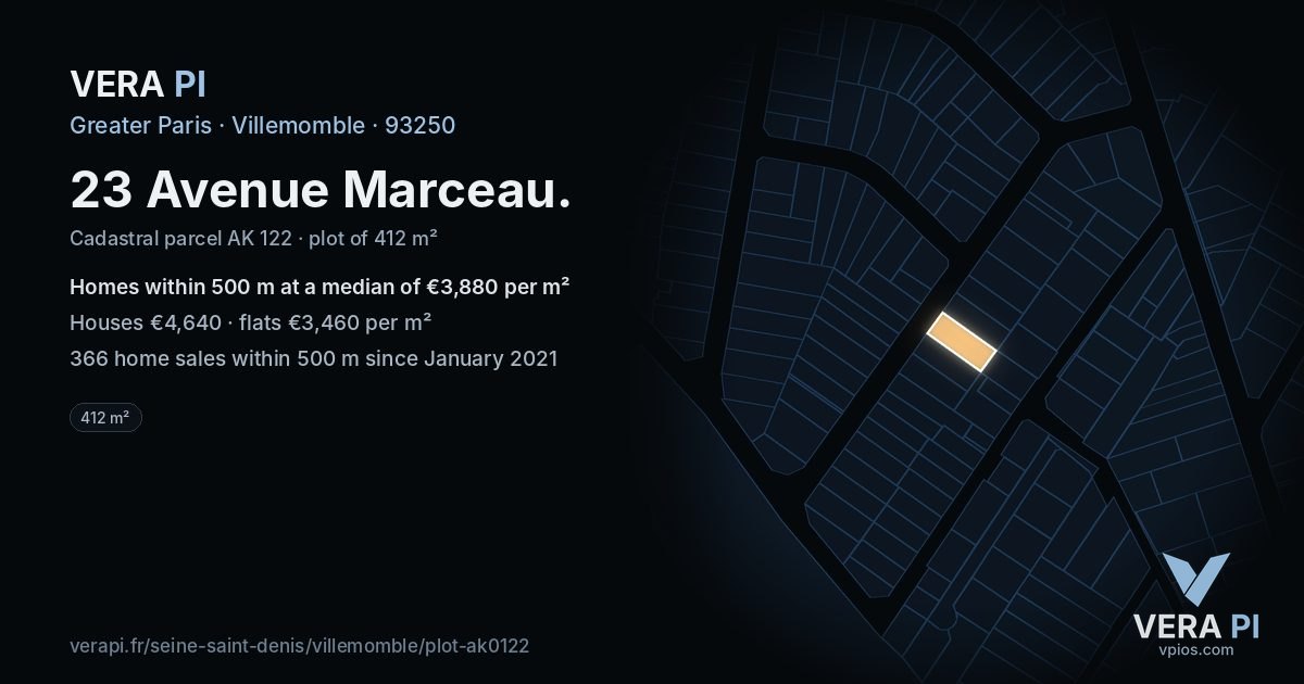 23 Avenue Marceau, Villemomble at night – the plot lit, the parcels around coloured by the prices near them
