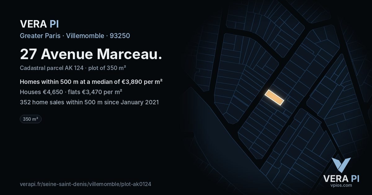 27 Avenue Marceau, Villemomble at night – the plot lit, the parcels around coloured by the prices near them
