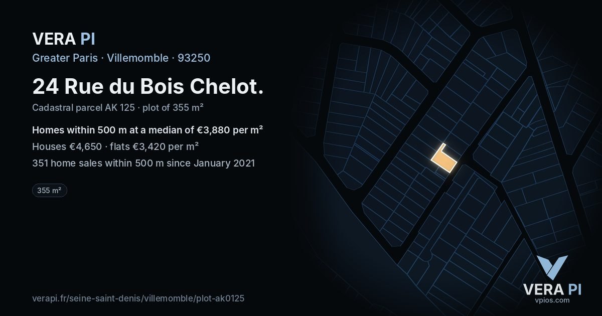 24 Rue du Bois Chelot, Villemomble at night – the plot lit, the parcels around coloured by the prices near them