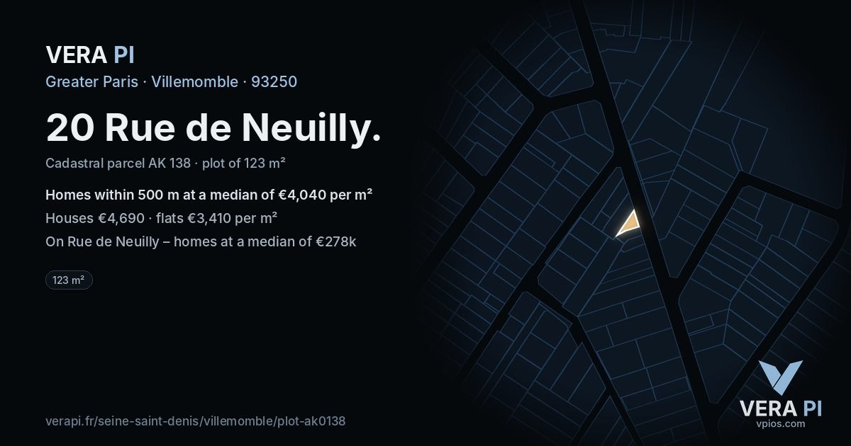 20 Rue de Neuilly, Villemomble at night – the plot lit, the parcels around coloured by the prices near them