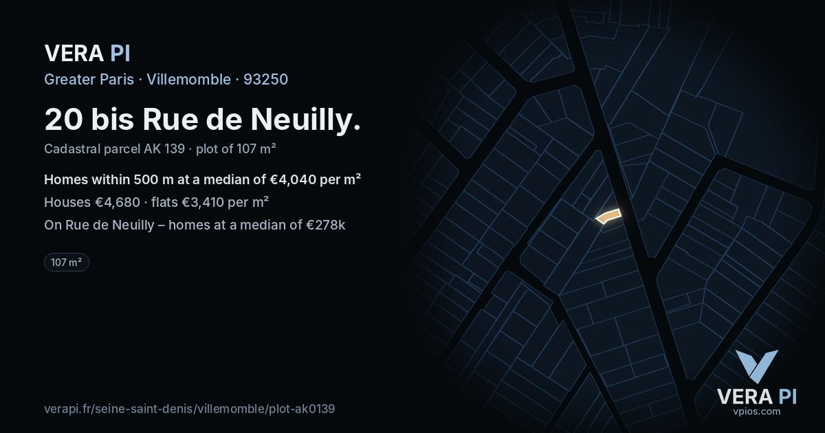 20 bis Rue de Neuilly, Villemomble at night – the plot lit, the parcels around coloured by the prices near them