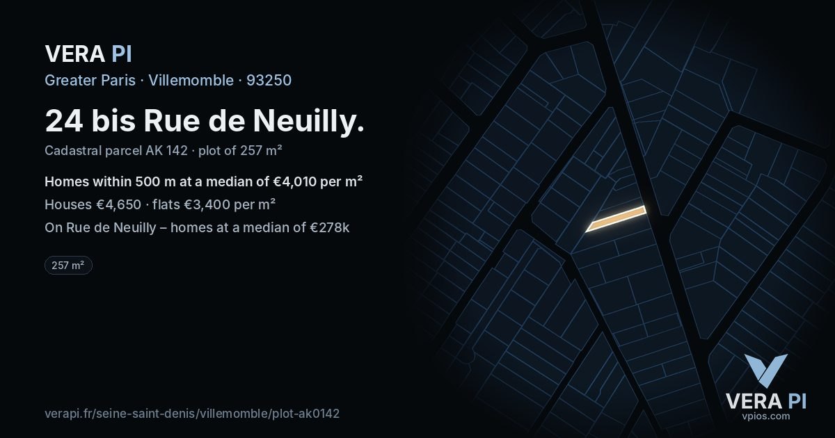 24 bis Rue de Neuilly, Villemomble at night – the plot lit, the parcels around coloured by the prices near them