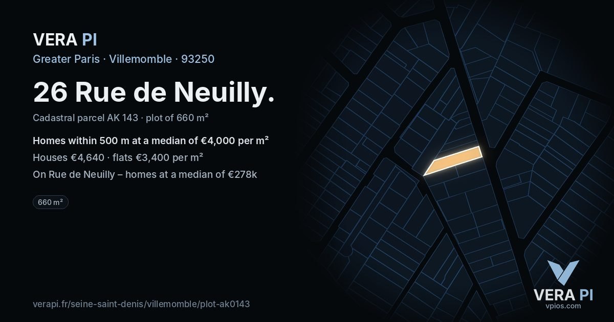 26 Rue de Neuilly, Villemomble at night – the plot lit, the parcels around coloured by the prices near them