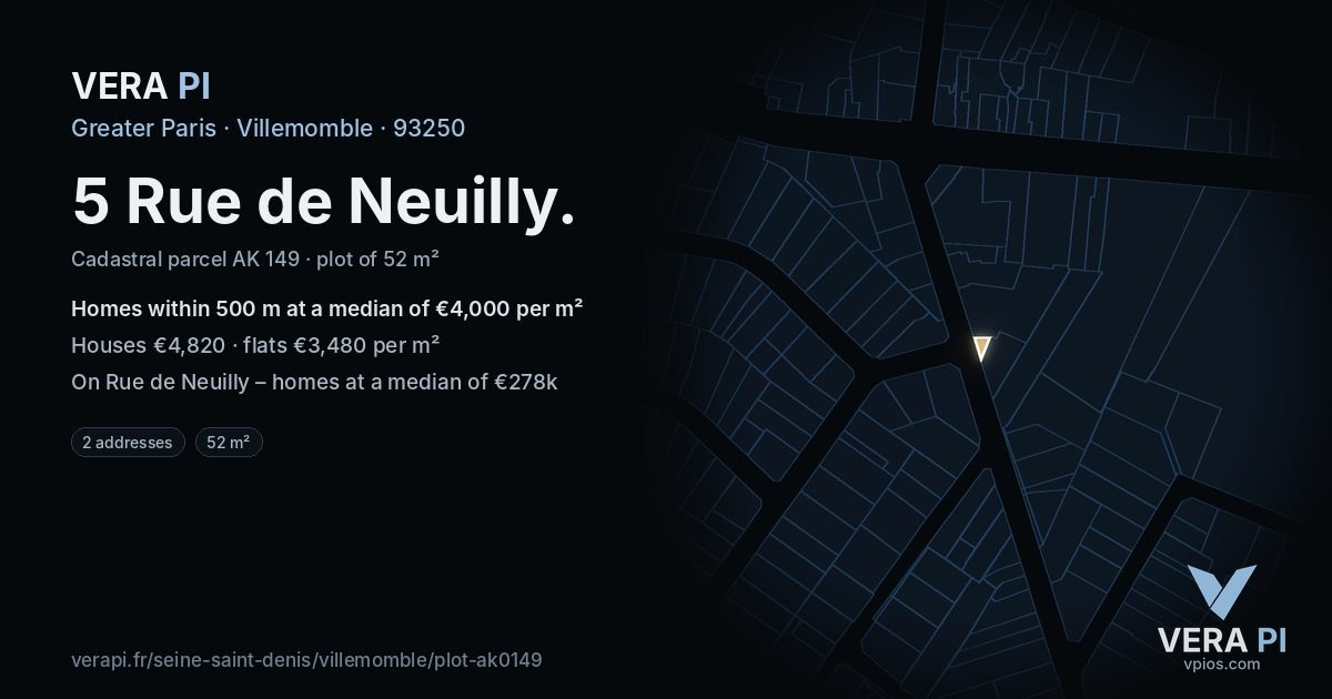 5 Rue de Neuilly, Villemomble at night – the plot lit, the parcels around coloured by the prices near them