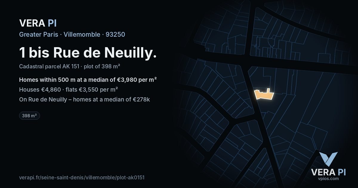 1 bis Rue de Neuilly, Villemomble at night – the plot lit, the parcels around coloured by the prices near them