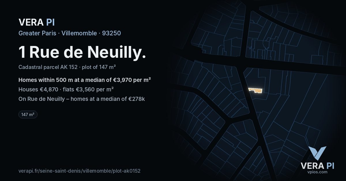 1 Rue de Neuilly, Villemomble at night – the plot lit, the parcels around coloured by the prices near them
