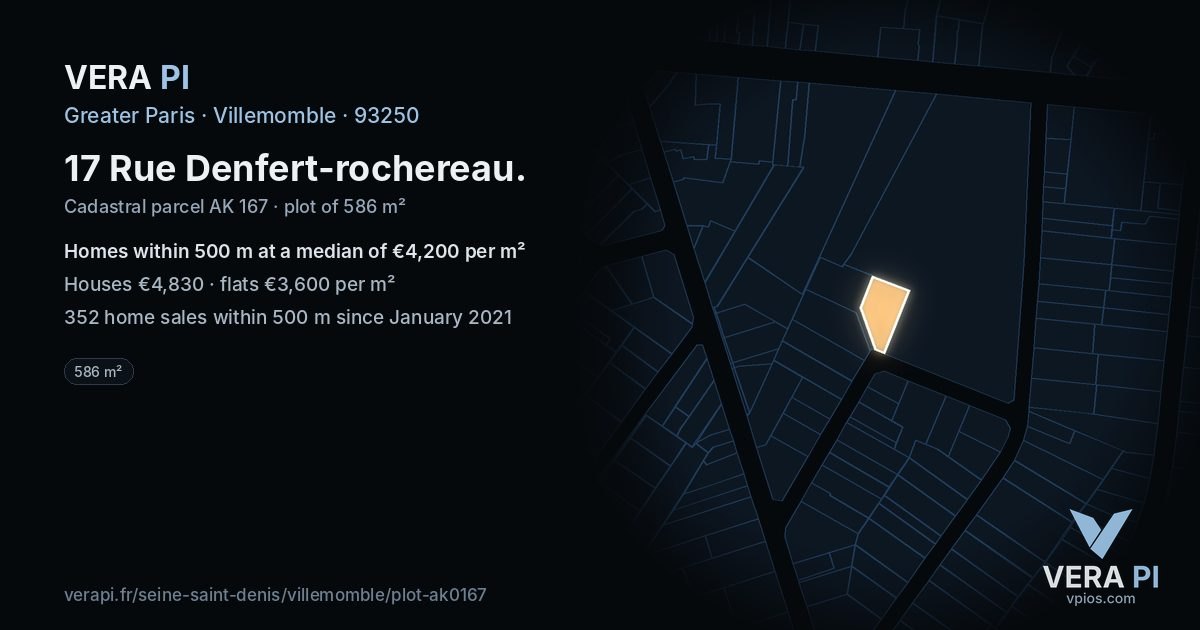 17 Rue Denfert-rochereau, Villemomble at night – the plot lit, the parcels around coloured by the prices near them