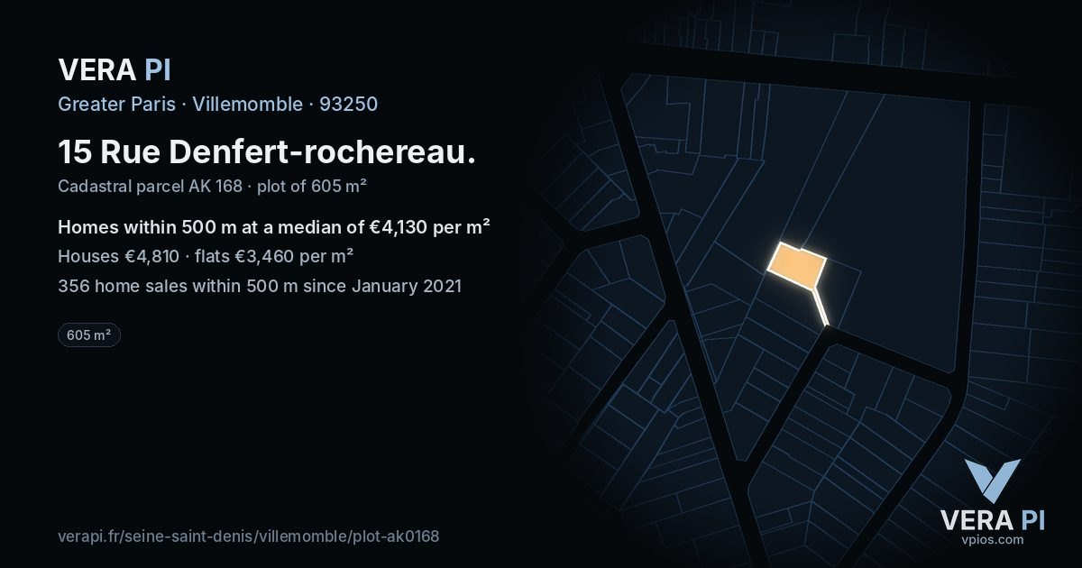 15 Rue Denfert-rochereau, Villemomble at night – the plot lit, the parcels around coloured by the prices near them