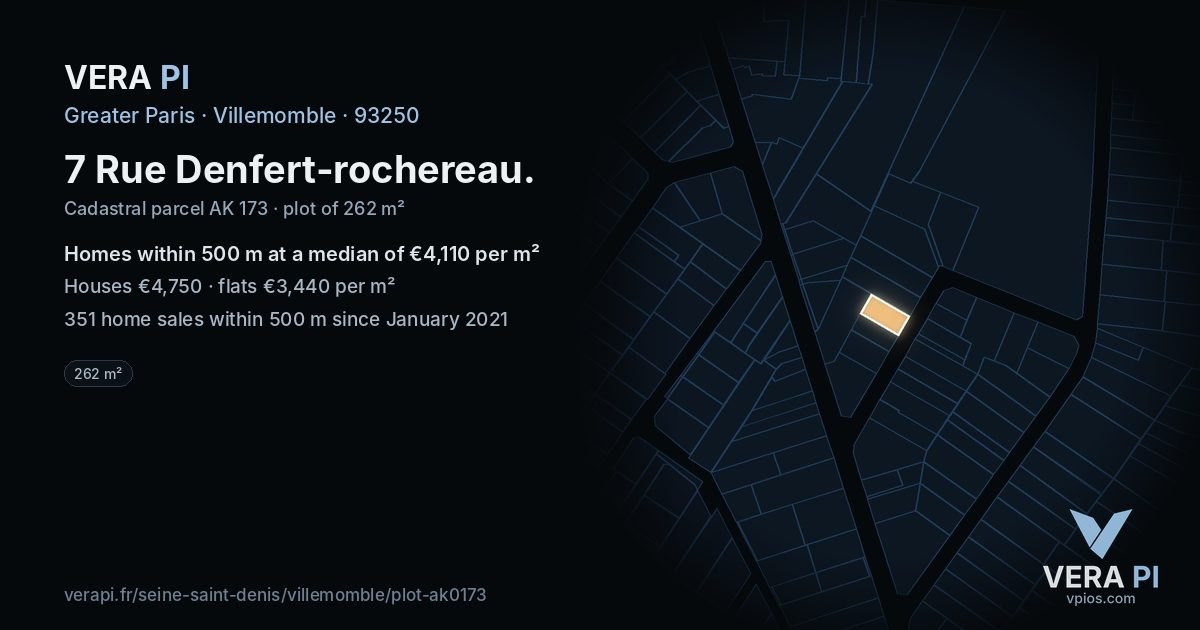 7 Rue Denfert-rochereau, Villemomble at night – the plot lit, the parcels around coloured by the prices near them