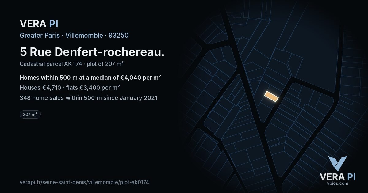 5 Rue Denfert-rochereau, Villemomble at night – the plot lit, the parcels around coloured by the prices near them