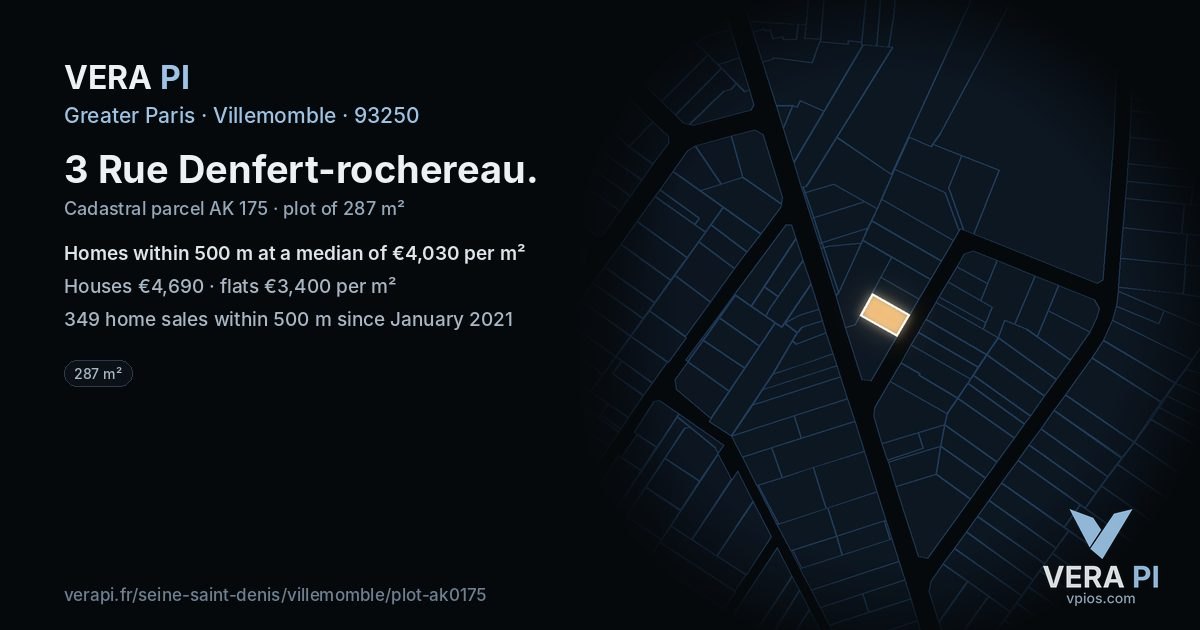 3 Rue Denfert-rochereau, Villemomble at night – the plot lit, the parcels around coloured by the prices near them