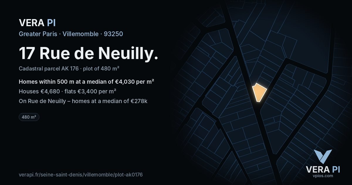 17 Rue de Neuilly, Villemomble at night – the plot lit, the parcels around coloured by the prices near them
