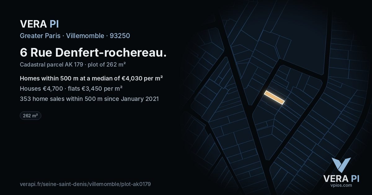 6 Rue Denfert-rochereau, Villemomble at night – the plot lit, the parcels around coloured by the prices near them