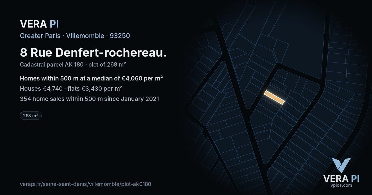 8 Rue Denfert-rochereau, Villemomble at night – the plot lit, the parcels around coloured by the prices near them