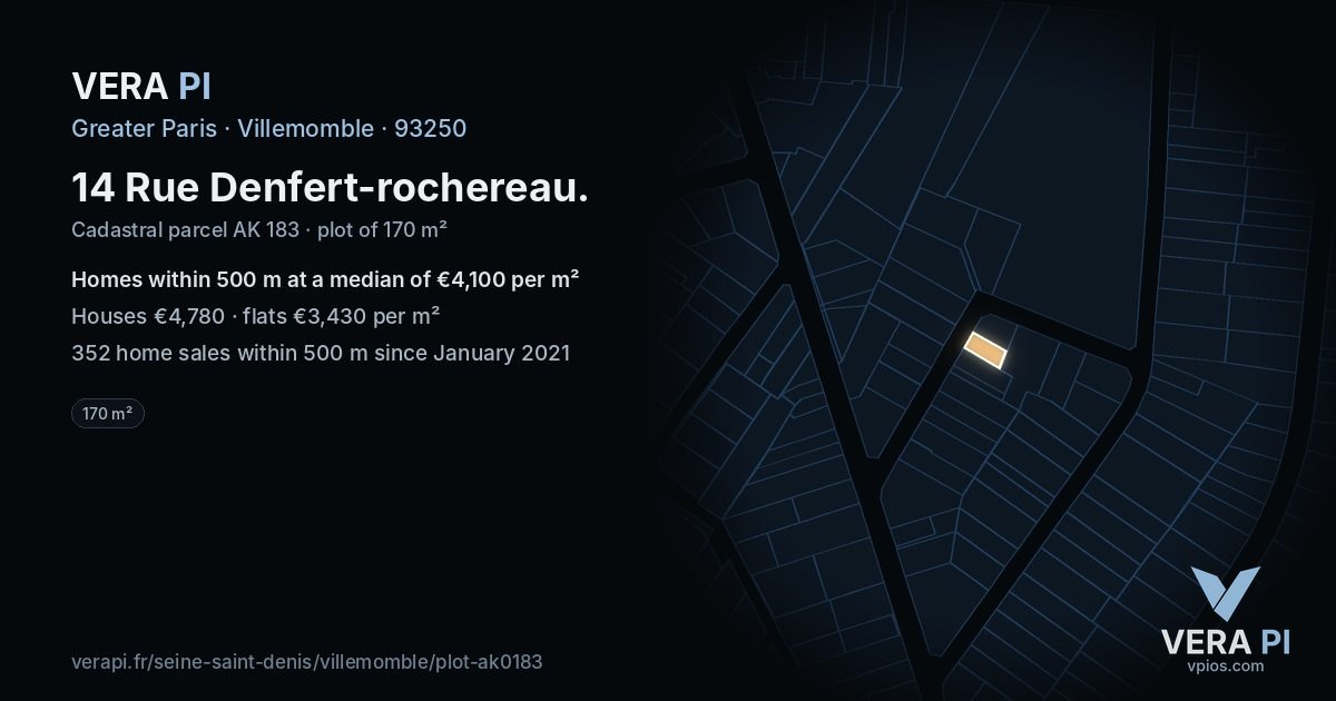 14 Rue Denfert-rochereau, Villemomble at night – the plot lit, the parcels around coloured by the prices near them