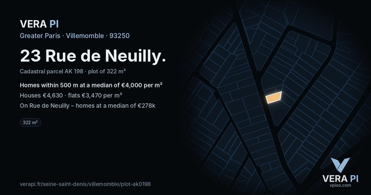 23 Rue de Neuilly, Villemomble at night – the plot lit, the parcels around coloured by the prices near them