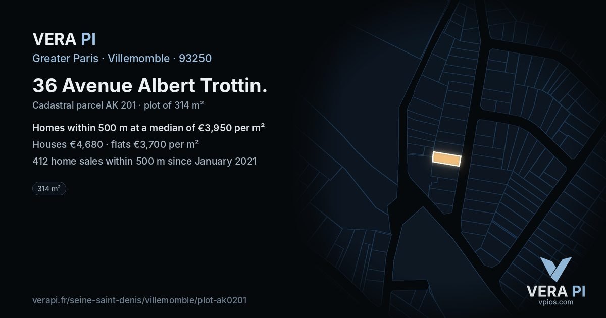 36 Avenue Albert Trottin, Villemomble at night – the plot lit, the parcels around coloured by the prices near them