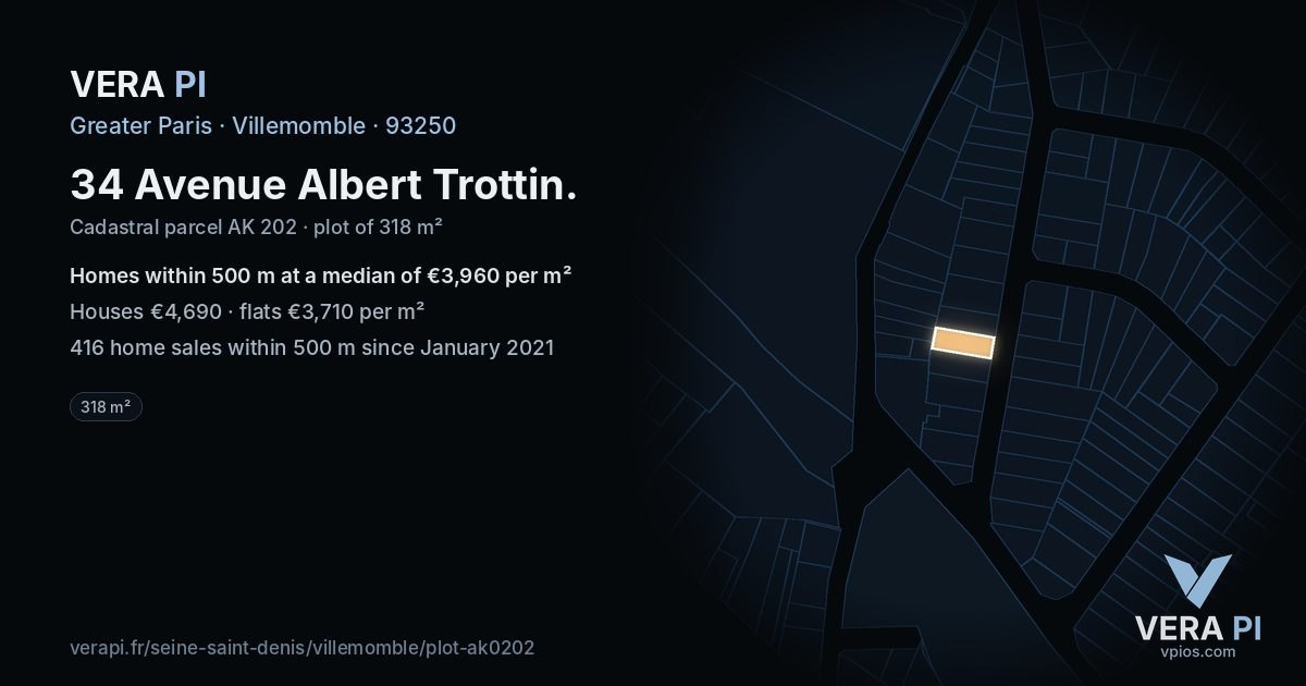 34 Avenue Albert Trottin, Villemomble at night – the plot lit, the parcels around coloured by the prices near them